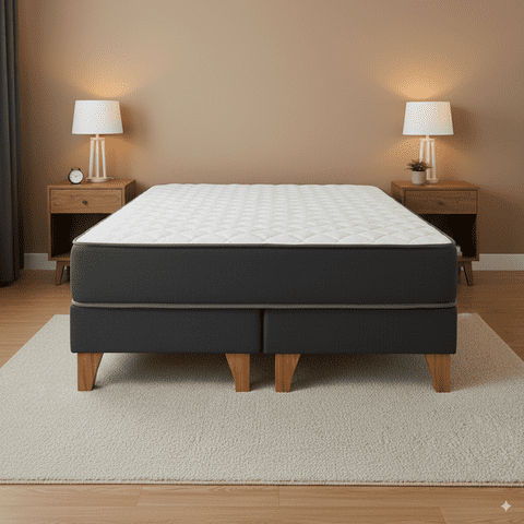 M&E - Cama 2 Plazas Completa | Base Europea Con Patas De Madera + Colchón 25 Cm