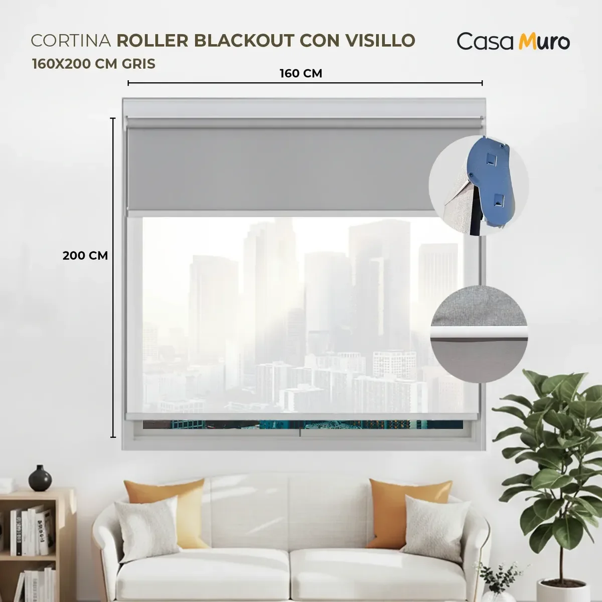 Casamuro - Cortina Roller Blackout Visillo Persiana Ventana 160x200 Cm Gris