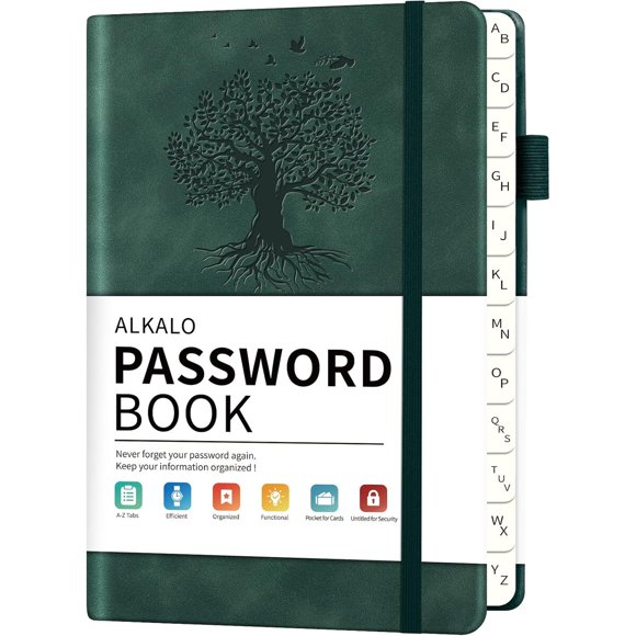 Libreta para Contraseñas ALKALO 414 Claves con Pestañas Alfabéticas, Verde, Small
