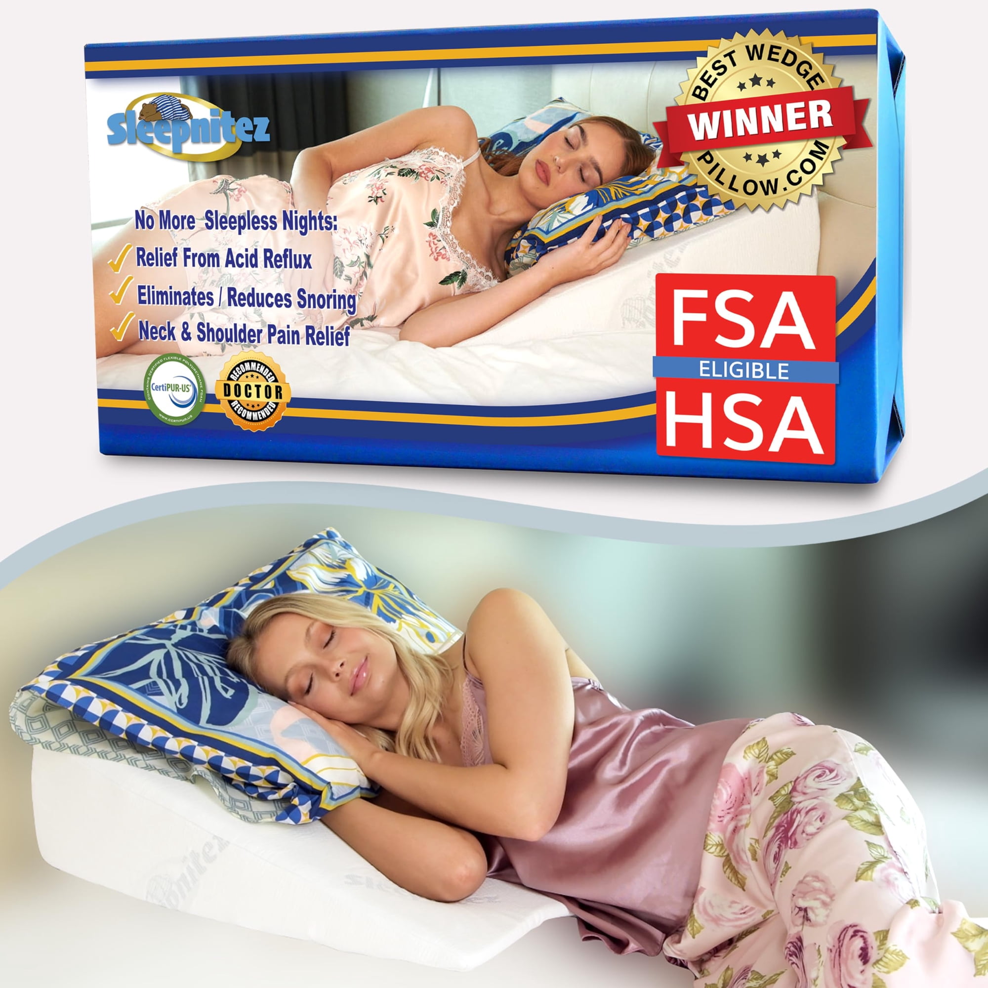 Almohada Con Forma De Cuña Sleepnitez 8, Espuma Viscoelástica 45°, Para Dormir