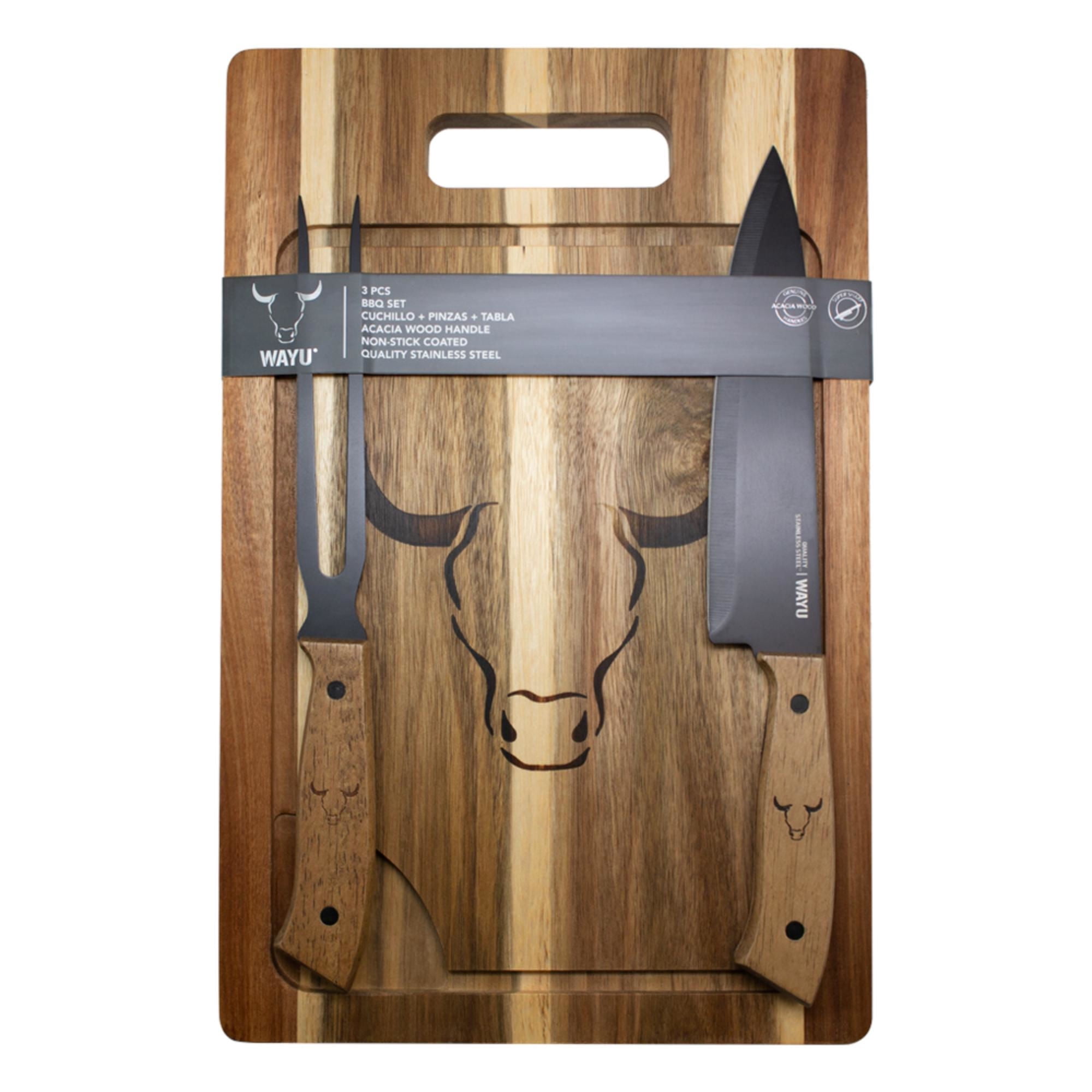 Tabla + Cuchillo Y Tenedor Premium 3 Piezas Acero Inoxidable - Madera Café