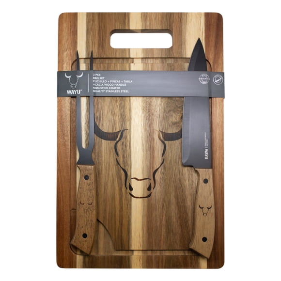 Tabla + Cuchillo Y Tenedor Premium 3 Piezas Acero Inoxidable - Madera Café