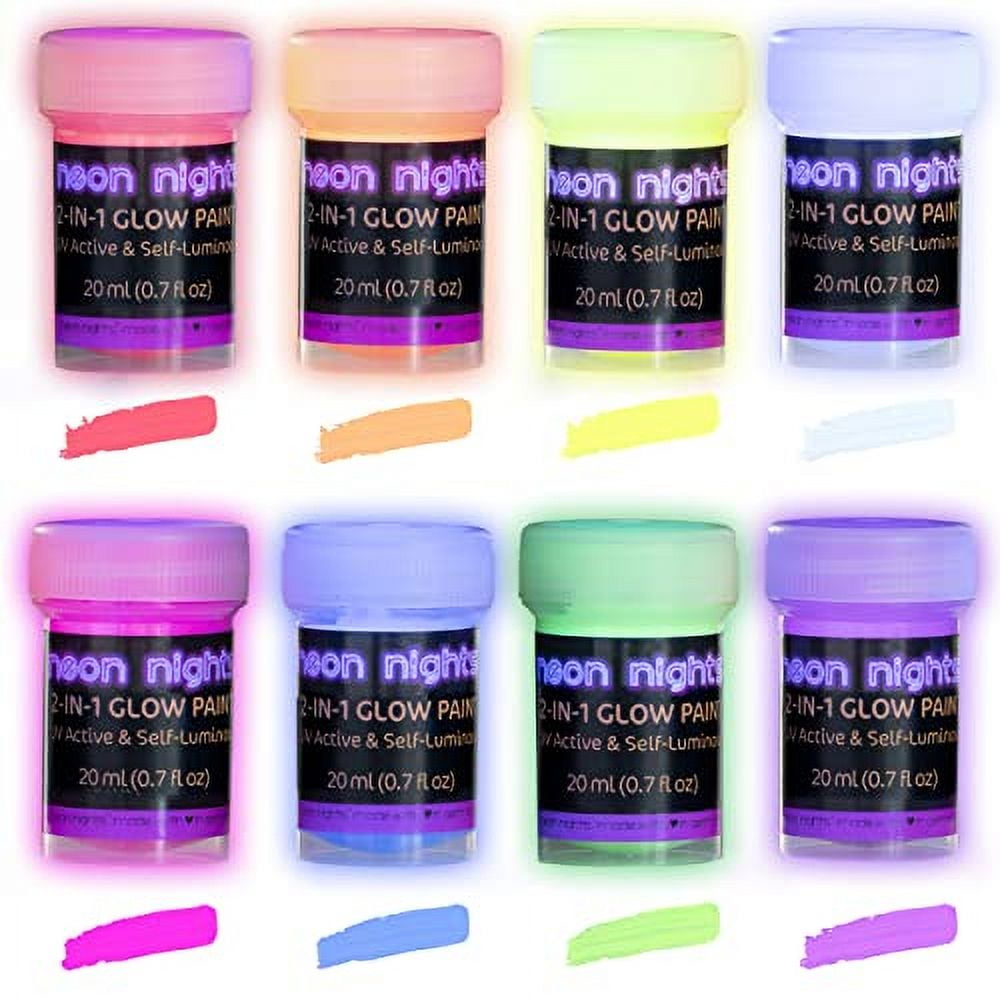 Pintura Fosforescente Neon Nights: Paquete De 8 Pinturas Uv Multifuncionales - Acrílicos 2 En 1, Autoiluminantes De 20ml - Ideal Para Decoración De Halloween Y Festividades