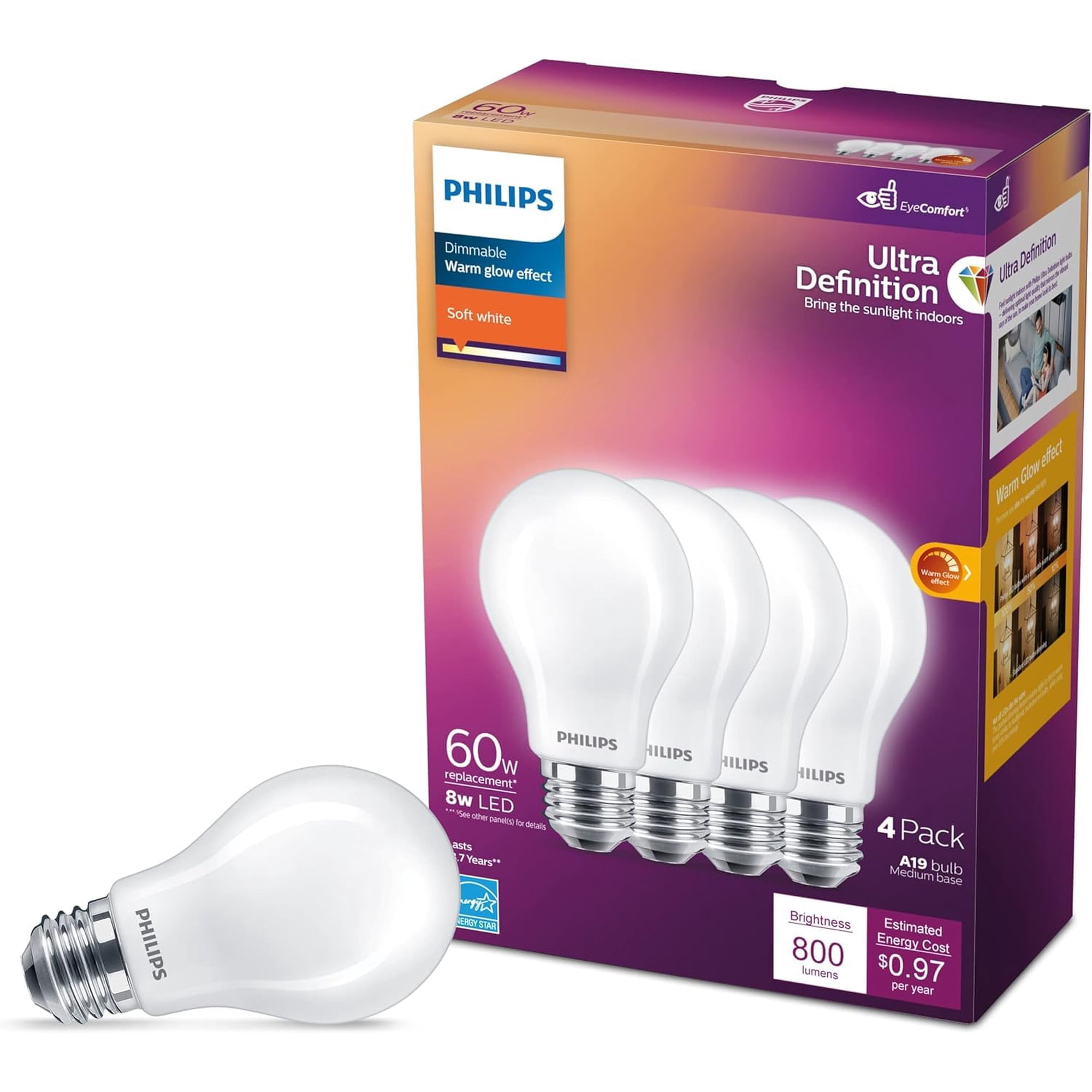 Philips Led - Bombillas Led A19 De Philips, 8 W (60 W), 2700 K, 800 Lm, Paquete De 4