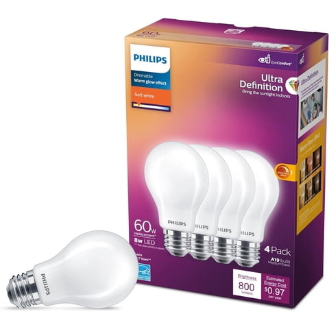 Philips Led - Bombillas Led A19 De Philips, 8 W (60 W), 2700 K, 800 Lm, Paquete De 4