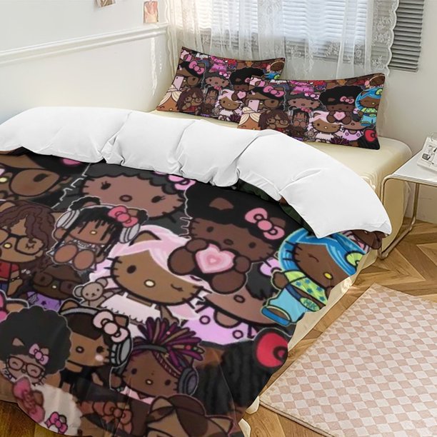 Cute Hello Kitty Thickened Three-piece Bed Set Cartoon Pillowcase Anime Quilt Cover Bedroom Hotel Theme House Vacation Home Holiday Anniversary Gift