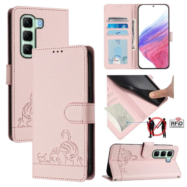 Funda tipo cartera FOXDOCK para infinix Hot 50 4G con soporte, ranuras, RFID, diseño de gato