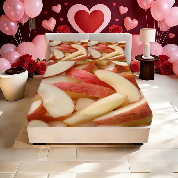 Apple Slice Print Fitted Sheet and Pillowcase Set Soft and Breathable for All Seasons an Essential for Bedroom or Dorm Decor An Excellent Gift for Valentine's D