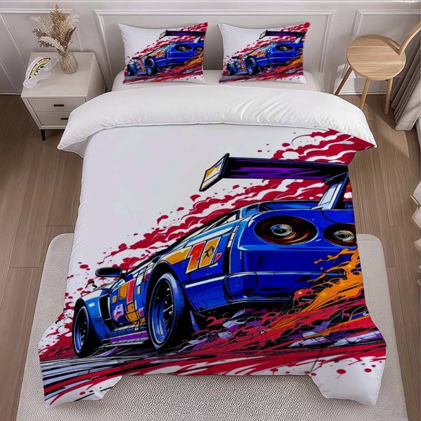 Blue Racing Car Speeding Theme Bedding Set Duvet Cover and Pillowcase Set Soft and Comfortable