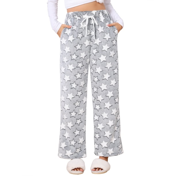 INSPIRE CHIC Pantalones de pijama peludos para mujer, pantalones de salón de felpa suave con patrón de estrellas y cintura elástica, talla extra grande, gris