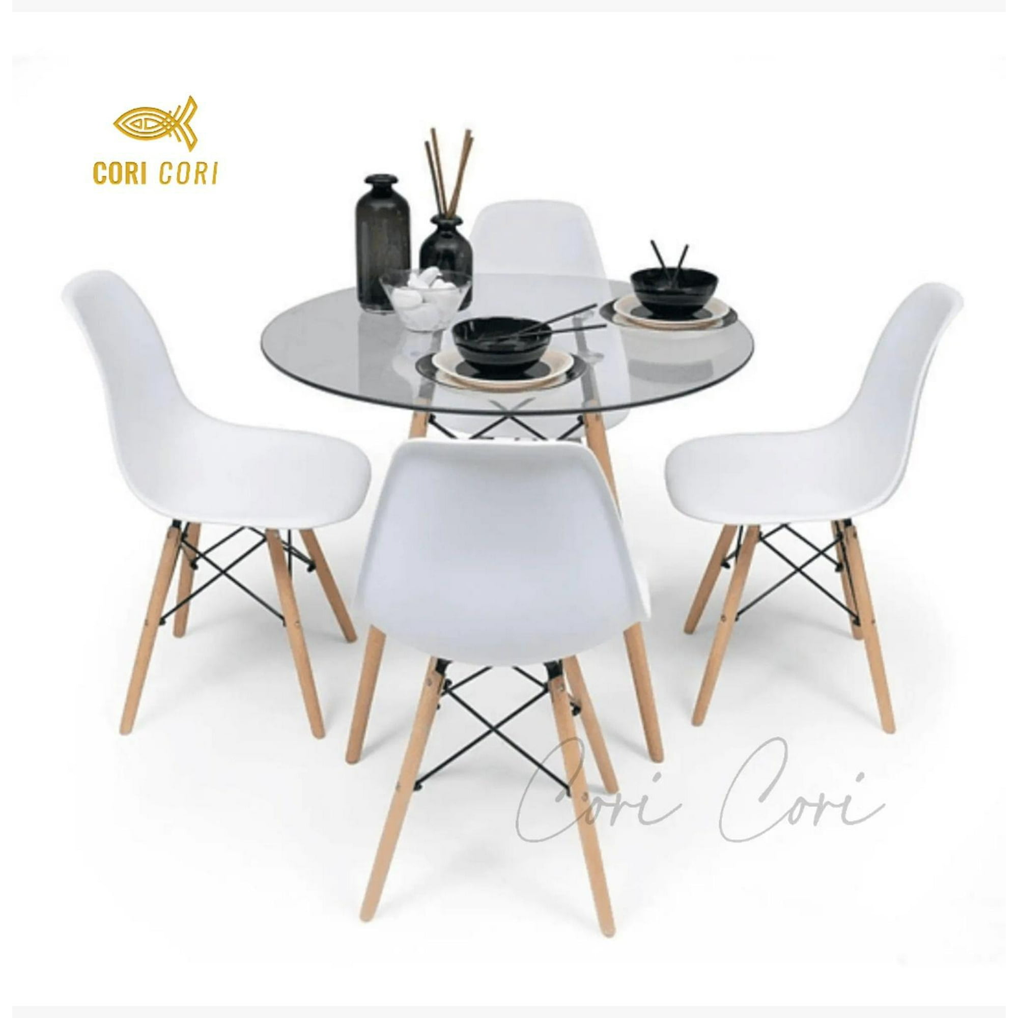 Cori Cori - Comedor Mesa Vidrio 80cms + 4 Sillas Eames Replica Color Blanco