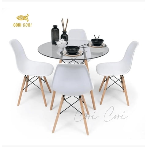 Cori Cori - Comedor Mesa Vidrio 80Cms + 4 Sillas Eames Replica Color Blanco