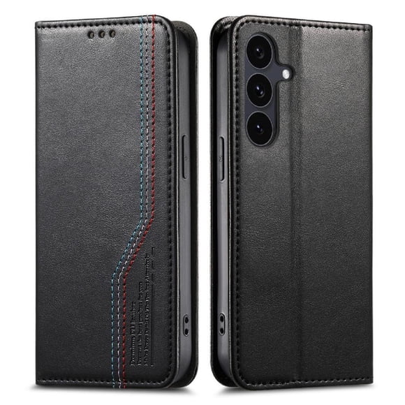 Funda tipo cartera para Samsung Galaxy S25 Fe de piel con cierre magnético, ranuras para tarjetas y correa para la muñeca Negro