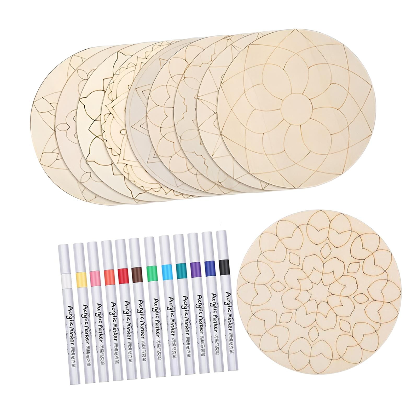 Magideal - Juego De Recortes De Madera Redondos Sin Pintar De 10 Piezas Con 12 Marcadores De Pintura. Kit De Pintura De Mandala De Madera Ligero Para Proyectos D