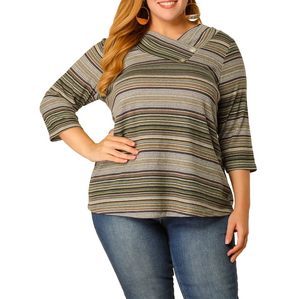 Agnes Orinda Conjuntos de Halloween para Mujeres Tallas Grandes Tops de Escuela Universitaria Manga 3/4 Blusa Casual Elegante de Punto a Rayas Cuello Asimétrico Camiseta de Moda 5X Verde