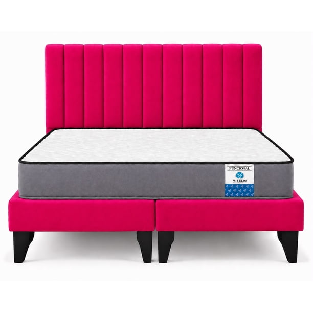Cama 2 Plazas Modular Europea Fucsia + Colchón Ortopedico
