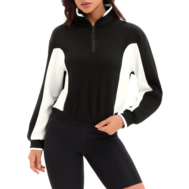 ATHLECHIC Onfers Mujeres Sudaderas Recortadas con Media Cremallera Manga Larga Pulóver Sobredimensionado Ropa de Otoño con Bolsillos M Negro Blanco