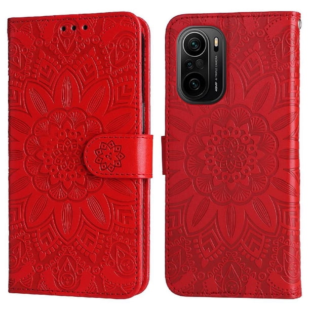 Funda tipo cartera FOXDOCK para Xiaomi Poco F3 Pro , diseño girasol en relieve, cuero PU, cierre magnético, soporte y tarjetero