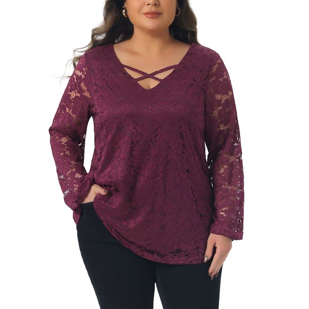 Agnes Orinda Blusa Casual Transparente de Manga Larga con Encaje de Doble Capa y Cuello en V para Mujer de Talla Grande 4X Rojo Púrpura