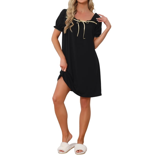 INSPIRE CHIC Camisones con Volantes para Mujer Camisetas de Dormir Lindas de Verano Vestido de Dormir Midi con Mangas Cortas S Negro
