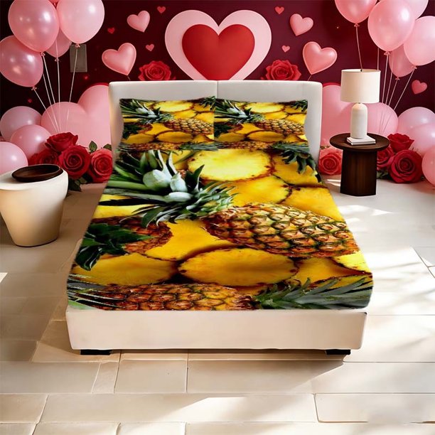 Pineapple Print Fitted Sheet and Pillowcase Set Soft and Breathable for All Seasons an Essential for Bedroom or Dorm Decor An Excellent Gift for Valentine's Day