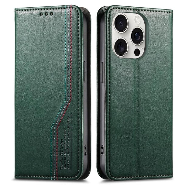Funda tipo cartera para iPhone 16 Pro Max de piel con cierre magnético, ranuras para tarjetas y correa para la muñeca Verde