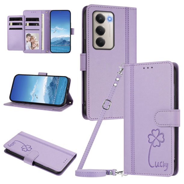 Funda Cartera Trébol para Xiaomi Redmi 15 4G/5G con Ranuras Tarjetas y Carga Inalámbrica Morado claro