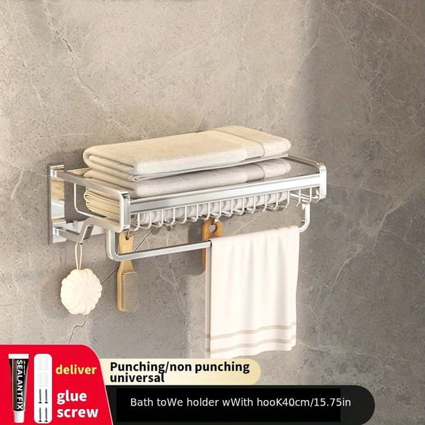 1pc Space Aluminum Bathroom Towel Rack, No Drilling Toilet Bathroom Storage Rack, Wall-mounted Bathroom Clothes Storage Rack, Bathroom Accessories
