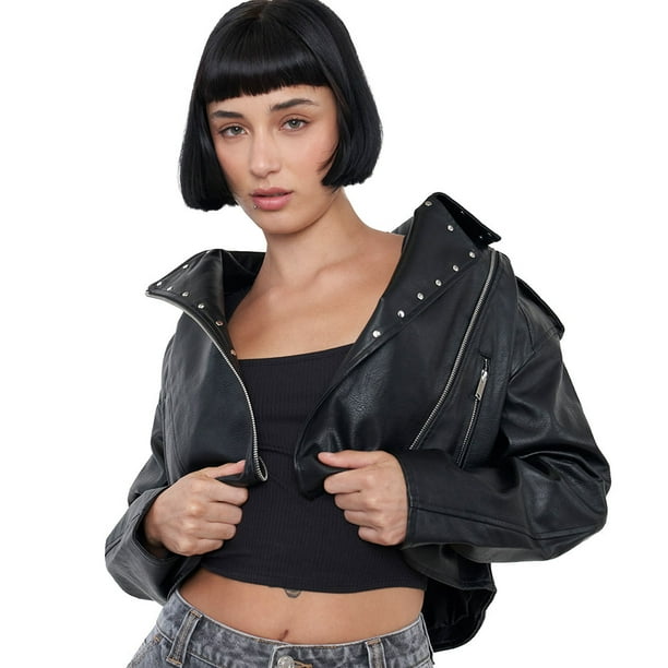 Chaqueta Mujer Biker Ecocuero Tachas Negro Corona