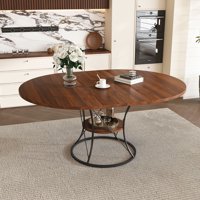 M&Ms - 43 Inch Round Dining Table For 4-6, Expandable Farmhouse Kitchen Table With Storage Shelf & Metal Base, Brown & Black Extendable Wood Table From 43 To 59 Inch, Large Round Table For Home (No Chairs)