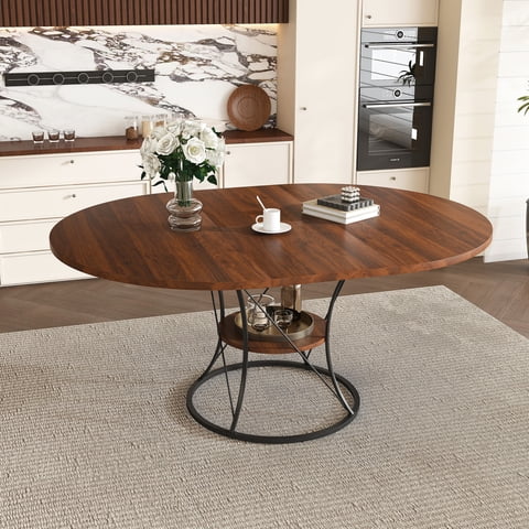M&Ms - 43 Inch Round Dining Table For 4-6, Expandable Farmhouse Kitchen Table With Storage Shelf & Metal Base, Brown & Black Extendable Wood Table From 43 To 59 Inch, Large Round Table For Home (No Chairs)