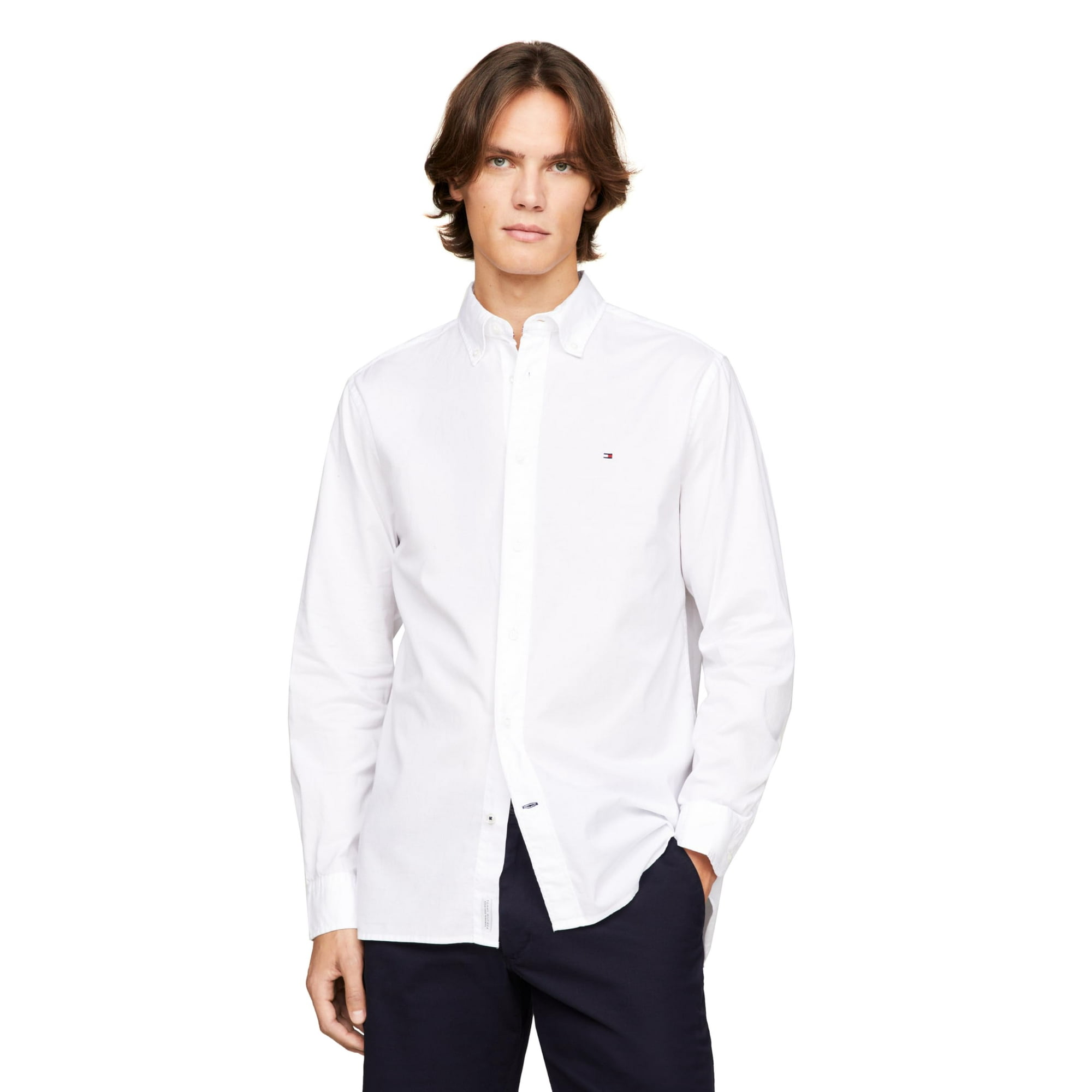 Camisa Tommy Hilfiger Flex De Popelina Regular De Manga Larga Blanca