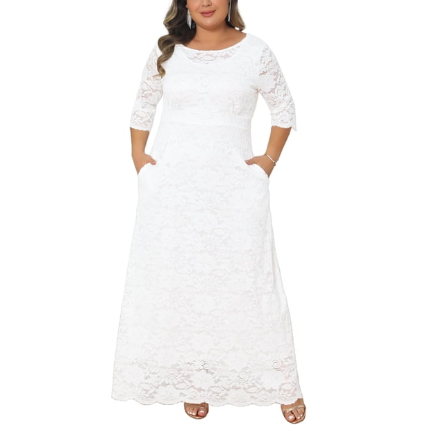 Vestidos fluidos de talla grande para mujer de Agnes Orinda con encaje floral, cuello redondo, mangas 3/4, vestido maxi de cóctel para boda y noche, talla 4X, blanco