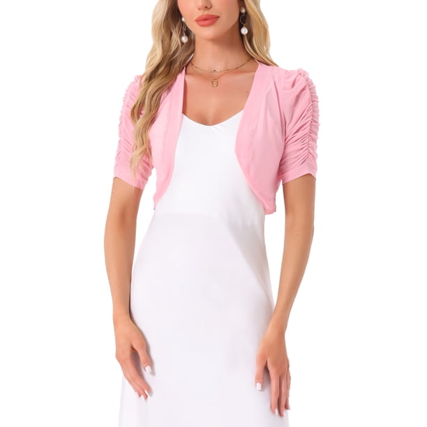 INSPIRE CHIC Bolero de Malla para Mujer con Frente Abierto y Mangas Cortas Fruncidas, Cárdigan Corto en Rosa Talla XL