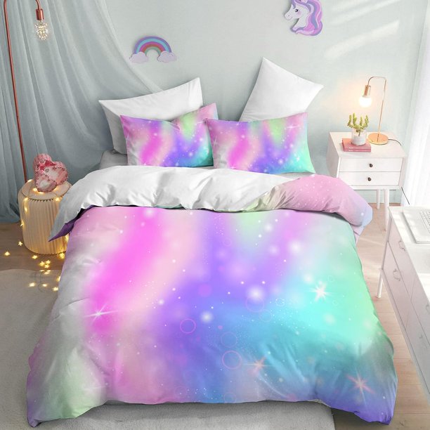 Purple Unicorn Full Bedding Set for Kids Boys Girls Glitter Galaxy Unicorn Duvet Cover 3 Piece Space Unicorn Comforter Cover
