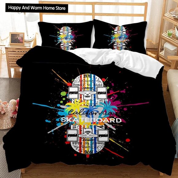 v976 Bed Sheets Skateboard Duvet Cover Set Skateboard Player Hip Hop Bedding Set Teens Street Hobby Sport Hippie King Size Polyester Quilt Cover 3-Piece Bedding Set (1 Duvet Cover + 2 Pillow Shams) Be