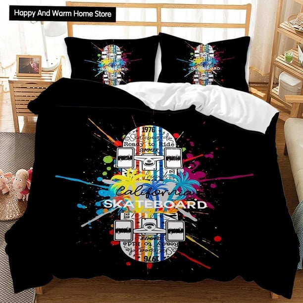 v976 Bed Sheets Skateboard Duvet Cover Set Skateboard Player Hip Hop Bedding Set Teens Street Hobby Sport Hippie King Size Polyester Quilt Cover 3-Piece Bedding Set (1 Duvet Cover + 2 Pillow Shams) Be