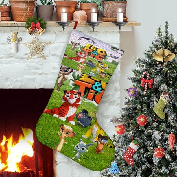 Leo y Tig Tema: Calcetines de Navidad, fino lino blanco para colgar en escaleras y chimenea, decoración navideña para el hogar, regalo de Navidad. 45cm × 32cm