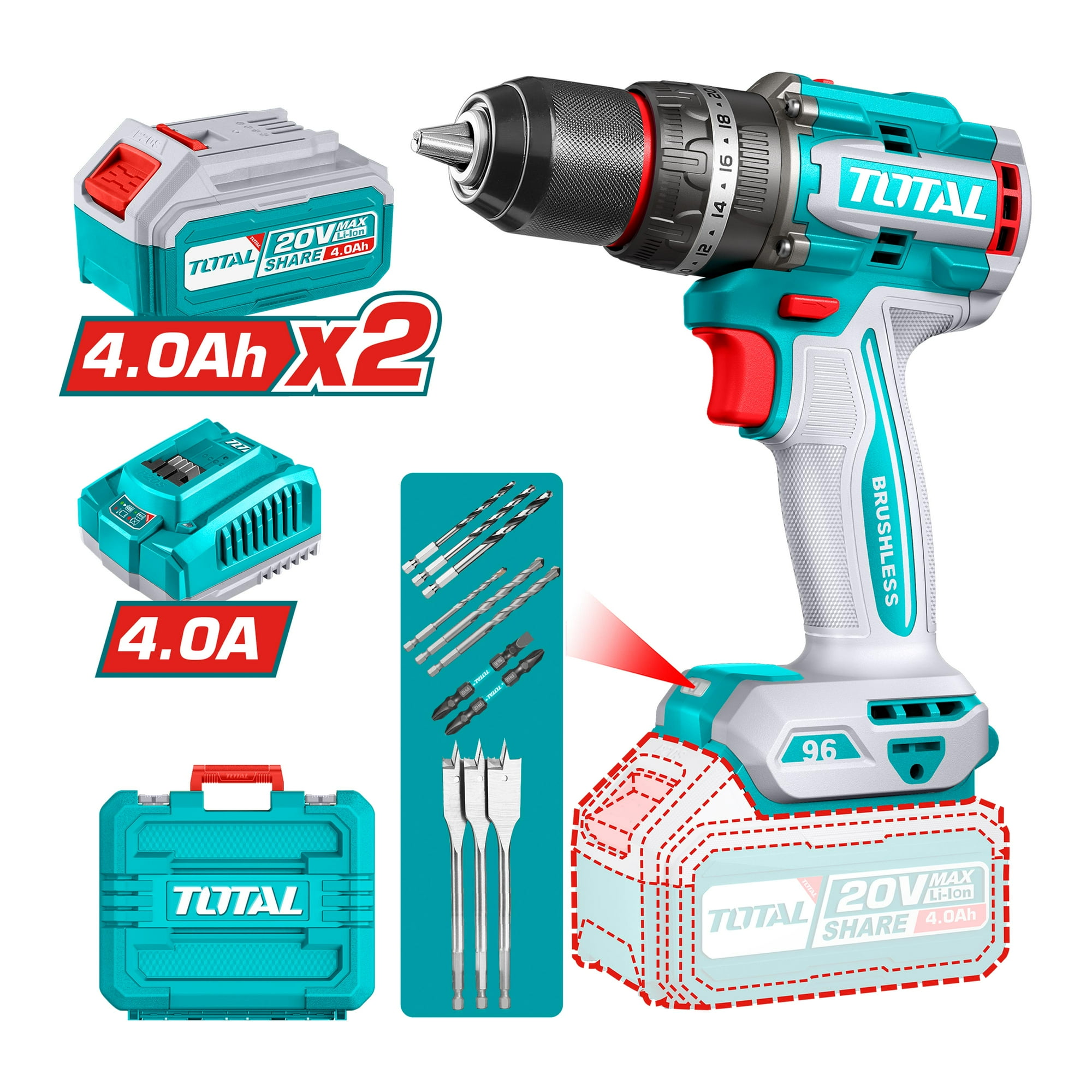 Taladro Atornillador Percutor 20v Con 2 Baterías Y Cargador Total