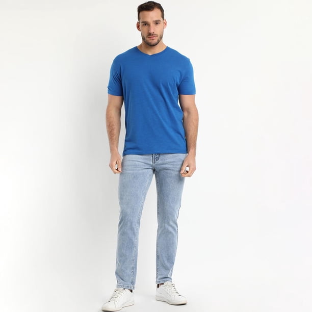 Polera Manga Corta Cuello V Azul azul L