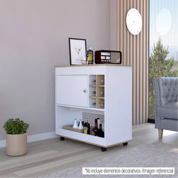 Mueble Bar Bajo Bi-Color 95x90x47 Cm Blanco Y Duna Con Ruedas