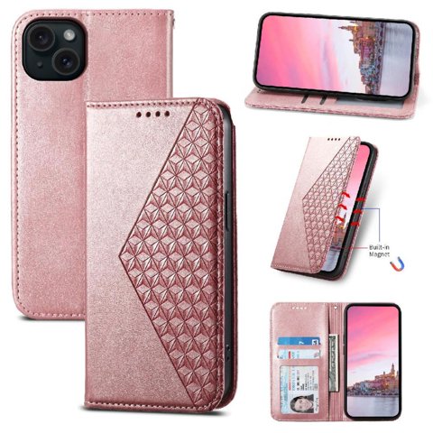Funda Flip Foxdock Para Iphone 15 Plus , Estilo Billetera Con Diseño Rombo, Correa De Mano Y Soporte, Uso Diario