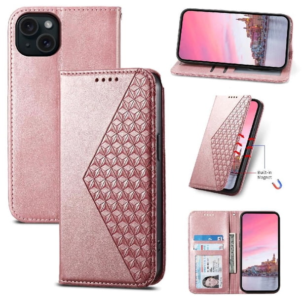 Funda Flip FOXDOCK para iPhone 15 Plus , Estilo Billetera con Diseño Rombo, Correa de Mano y Soporte, Uso Diario