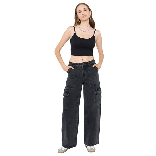 Jeans Mujer Cargo Straight Fit Color Negro Corona