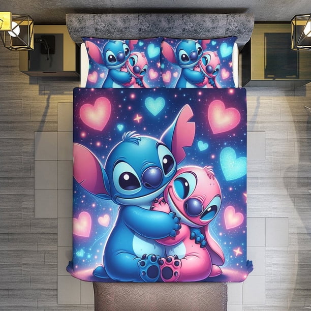 3 Pieces Love Stitch And Angel Bedding Comforter Set Full with 2 Pillowcases for Kids Teens Girls Women Microfiber Easy Wash Light Breathable Cozy White Base Bed Sheets