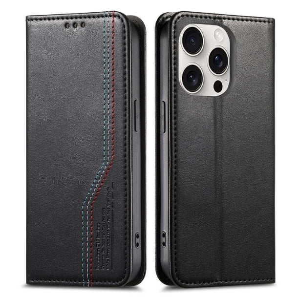 Funda tipo cartera para iPhone 16 Pro de piel con cierre magnético, ranuras para tarjetas y correa para la muñeca Negro