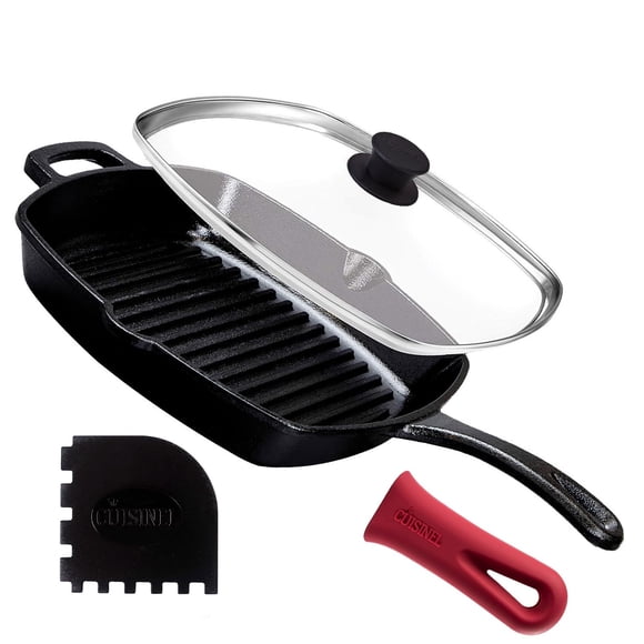 Sartén Cuisinel de hierro fundido cuadrada de 10.5 pulgadas con tapa de vidrio y más