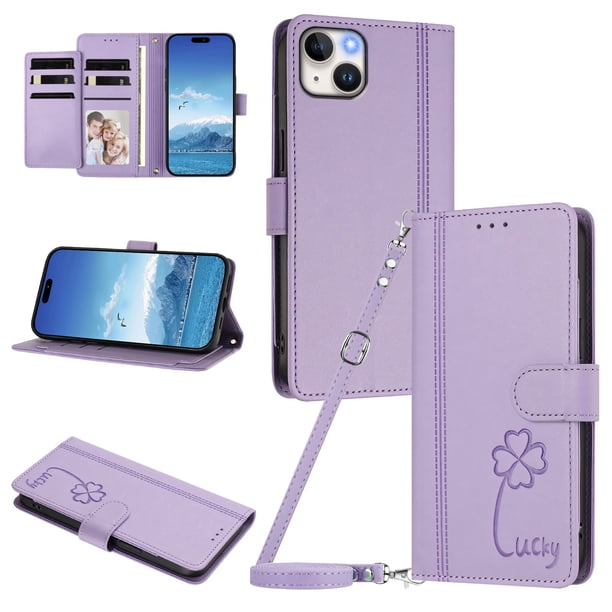 Funda Cartera Trébol para iPhone 15 Plus con Ranuras Tarjetas y Carga Inalámbrica Morado claro
