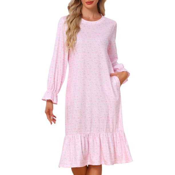 INSPIRE CHIC Vestido de Dormir de Manga Larga con Flores para Mujer, Camisón Suave Midi con Detalles de Volantes y Cuello Redondo 2XL Rosa