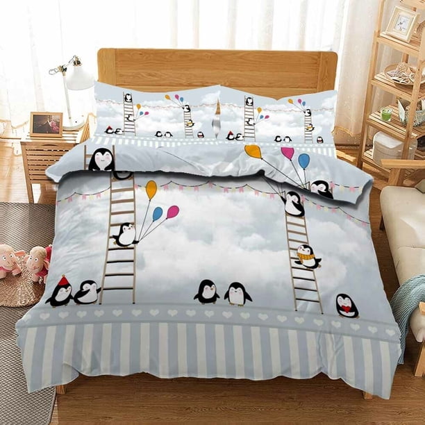 Balloon Penguin Duvet Quilt Covers Pillow Case Bedding Sets3-Piece Bedding Set (1 Duvet Cover + 2 Pillow Shams)